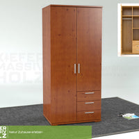 Nobis Kleiderschrank | 2-Türig mit Kleiderstange | 3-Schubladen | 100% Bio Kiefer Massivholz