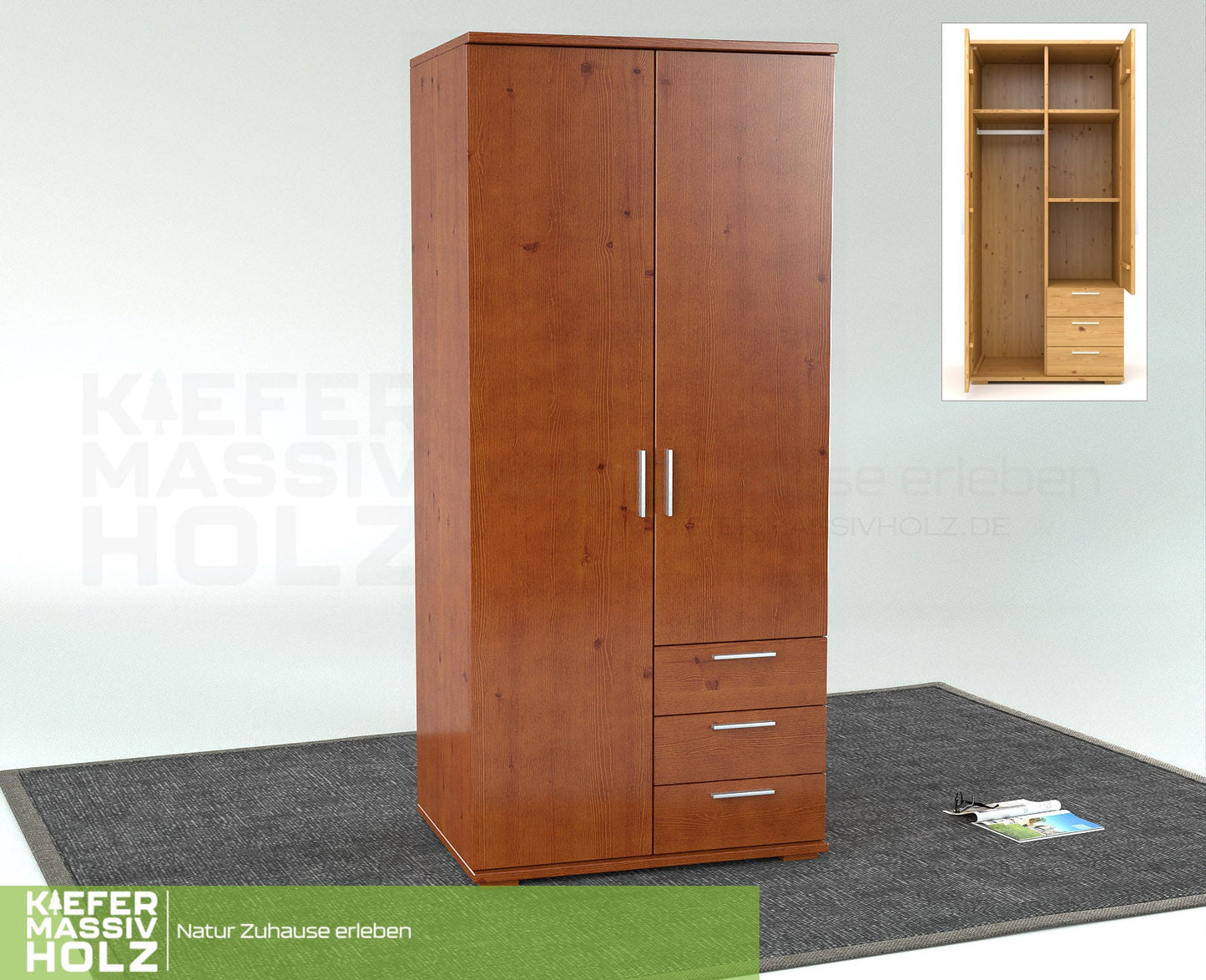 Nobis Kleiderschrank | 2-Türig mit Kleiderstange | 3-Schubladen | 100% Bio Kiefer Massivholz