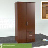 Nobis Kleiderschrank | 2-Türig mit Kleiderstange | 3-Schubladen | 100% Bio Kiefer Massivholz