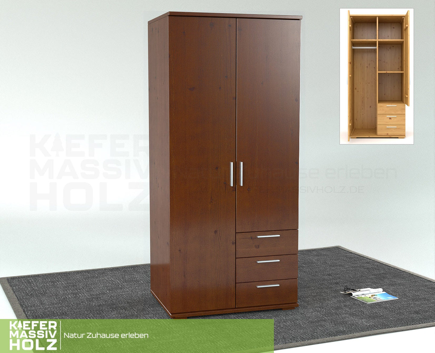 Nobis Kleiderschrank | 2-Türig mit Kleiderstange | 3-Schubladen | 100% Bio Kiefer Massivholz