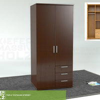 Nobis Kleiderschrank | 2-Türig mit Kleiderstange | 3-Schubladen | 100% Bio Kiefer Massivholz