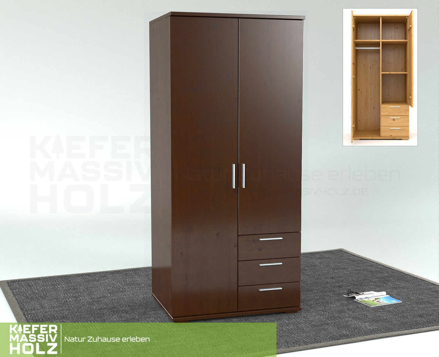 Nobis Kleiderschrank | 2-Türig mit Kleiderstange | 3-Schubladen | 100% Bio Kiefer Massivholz