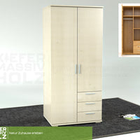 Nobis Kleiderschrank | 2-Türig mit Kleiderstange | 3-Schubladen | 100% Bio Kiefer Massivholz