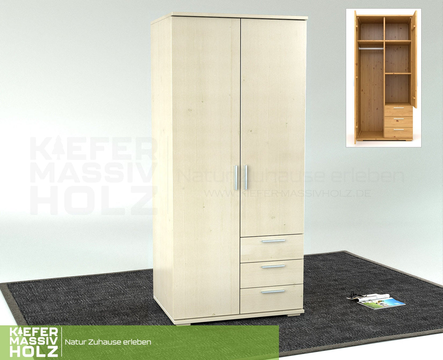 Nobis Kleiderschrank | 2-Türig mit Kleiderstange | 3-Schubladen | 100% Bio Kiefer Massivholz