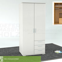 Nobis Kleiderschrank | 2-Türig mit Kleiderstange | 3-Schubladen | 100% Bio Kiefer Massivholz
