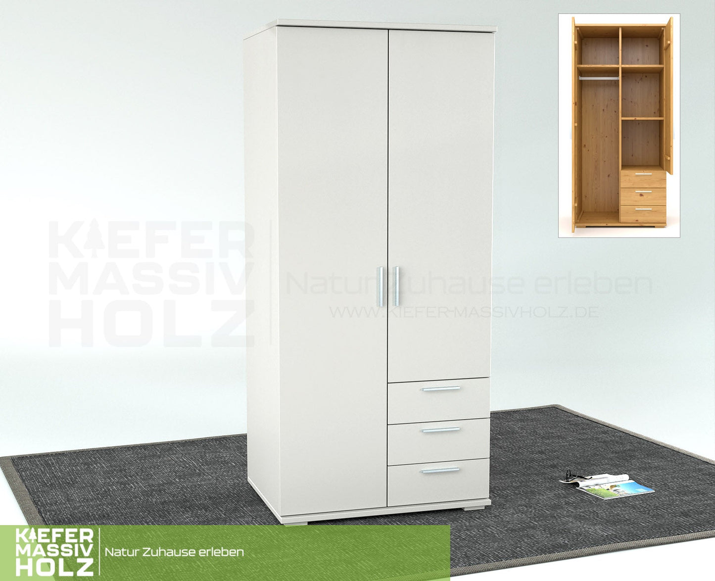 Nobis Kleiderschrank | 2-Türig mit Kleiderstange | 3-Schubladen | 100% Bio Kiefer Massivholz