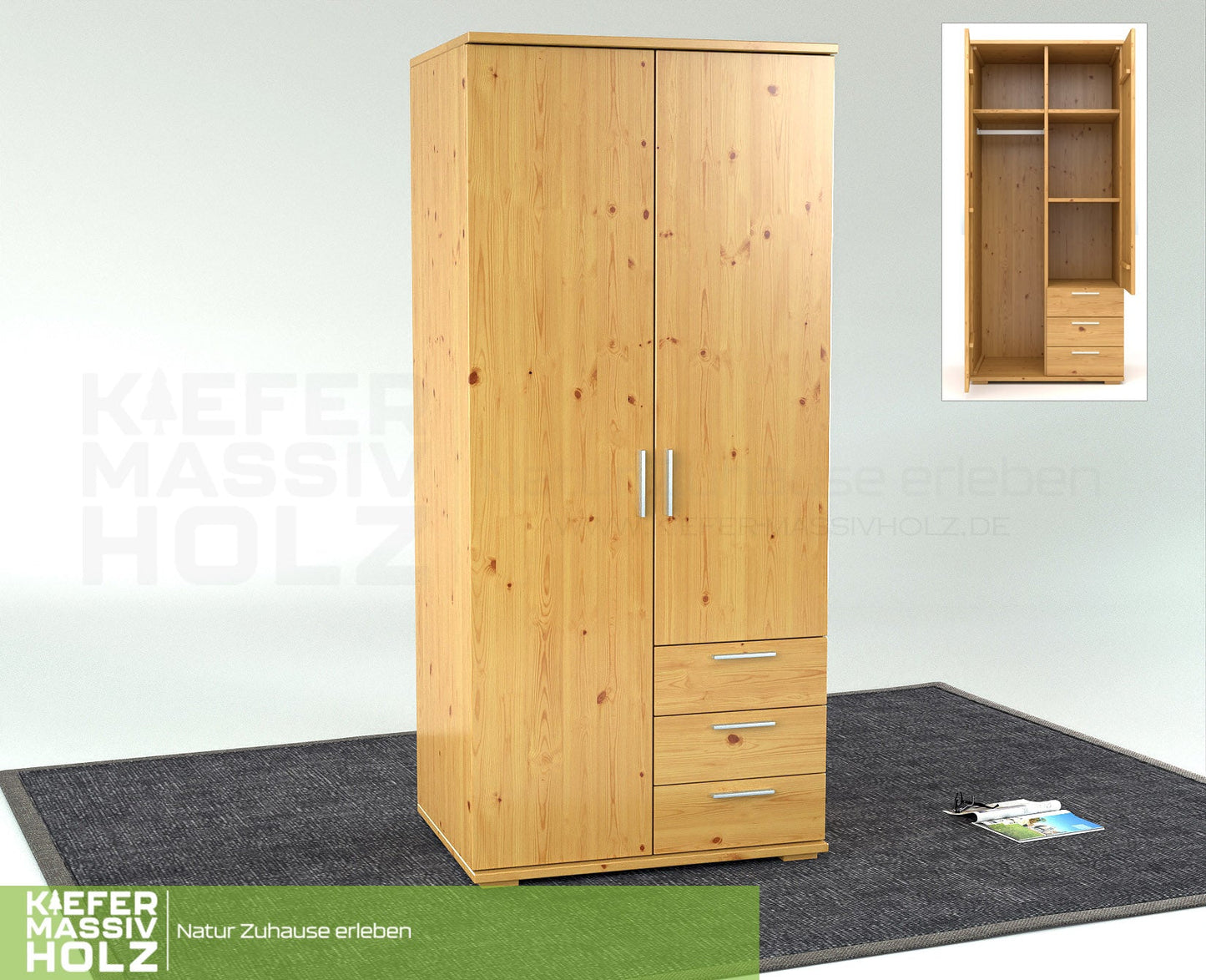 Nobis Kleiderschrank | 2-Türig mit Kleiderstange | 3-Schubladen | 100% Bio Kiefer Massivholz