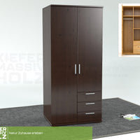 Nobis Kleiderschrank | 2-Türig mit Kleiderstange | 3-Schubladen | 100% Bio Kiefer Massivholz