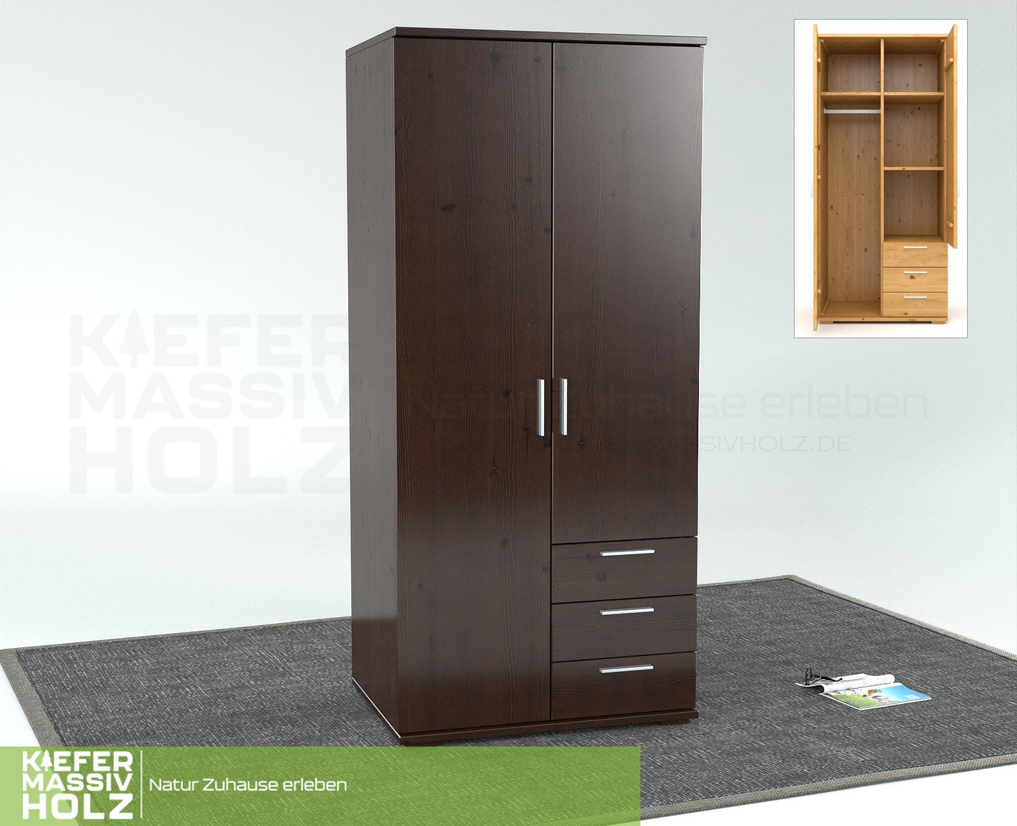 Nobis Kleiderschrank | 2-Türig mit Kleiderstange | 3-Schubladen | 100% Bio Kiefer Massivholz