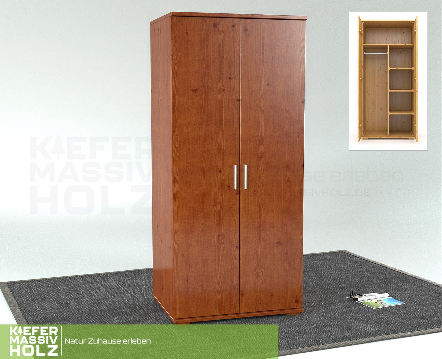 Nobis Kleiderschrank | 2-Türig mit Kleiderstange und Regale | 100% Bio Kiefer Massivholz