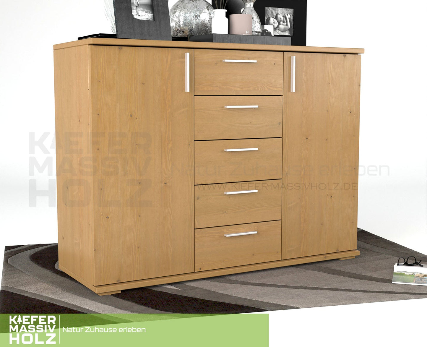 Nobis Kommode Sideboard 120-er | Anrichte | 5-Schubladen | 2-Türig | 100% Bio Kiefer Massivholz