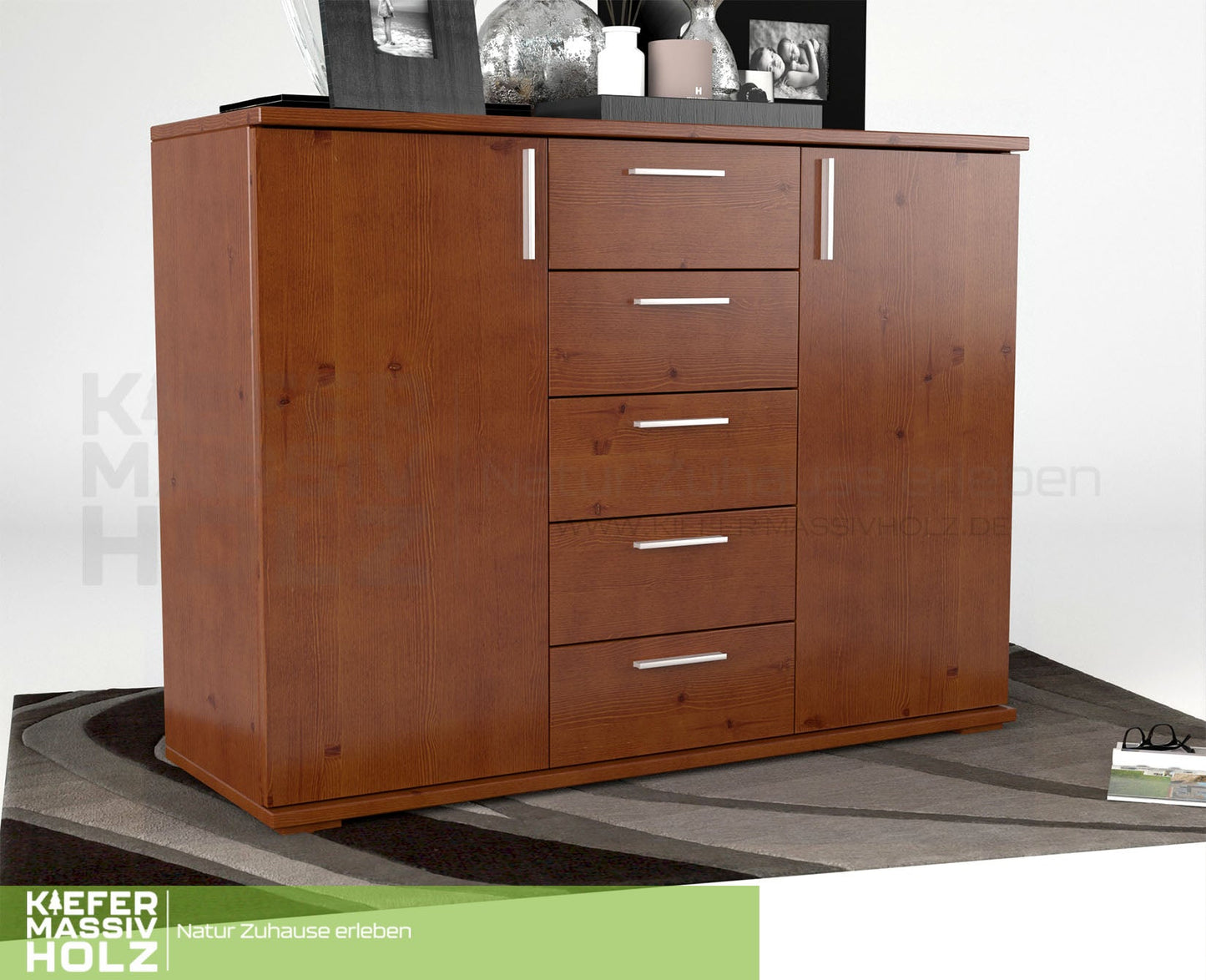 Nobis Kommode Sideboard 120-er | Anrichte | 5-Schubladen | 2-Türig | 100% Bio Kiefer Massivholz