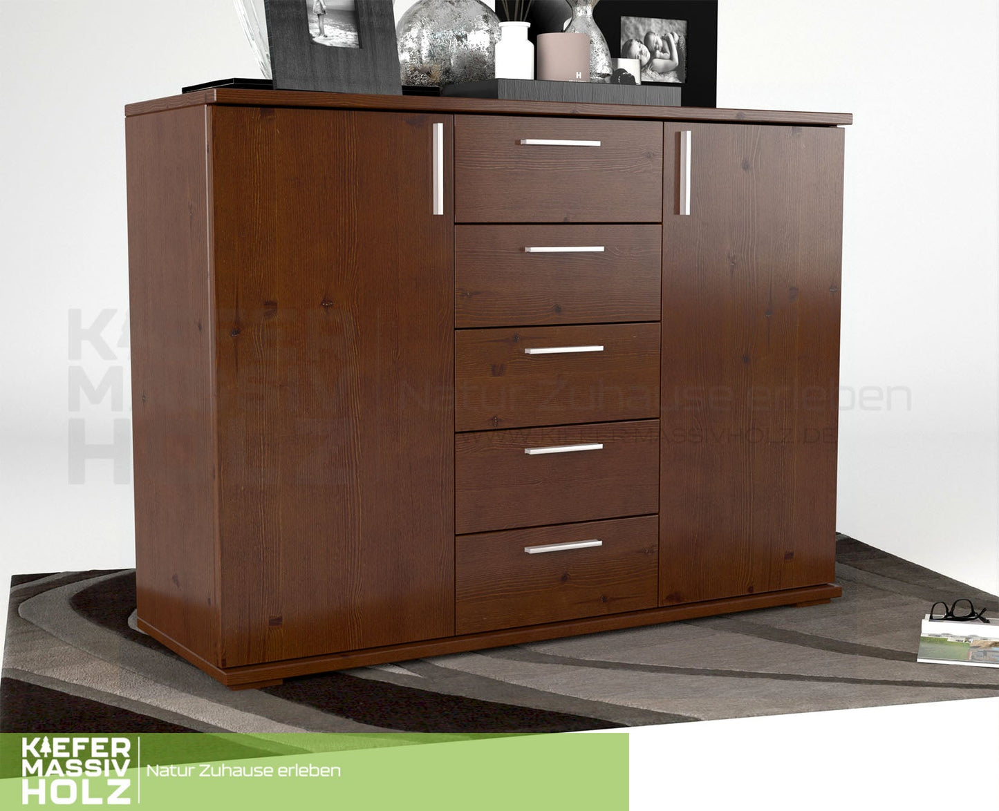 Nobis Kommode Sideboard 120-er | Anrichte | 5-Schubladen | 2-Türig | 100% Bio Kiefer Massivholz