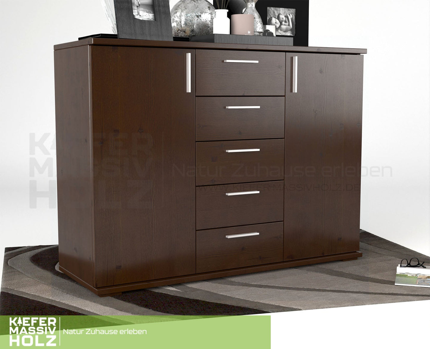 Nobis Kommode Sideboard 120-er | Anrichte | 5-Schubladen | 2-Türig | 100% Bio Kiefer Massivholz