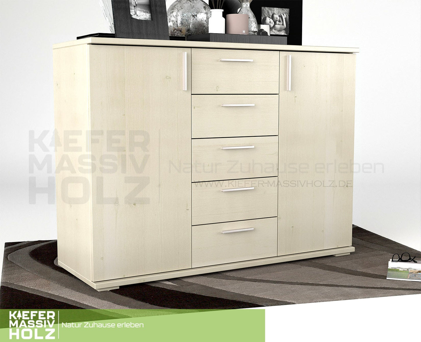 Nobis Kommode Sideboard 120-er | Anrichte | 5-Schubladen | 2-Türig | 100% Bio Kiefer Massivholz