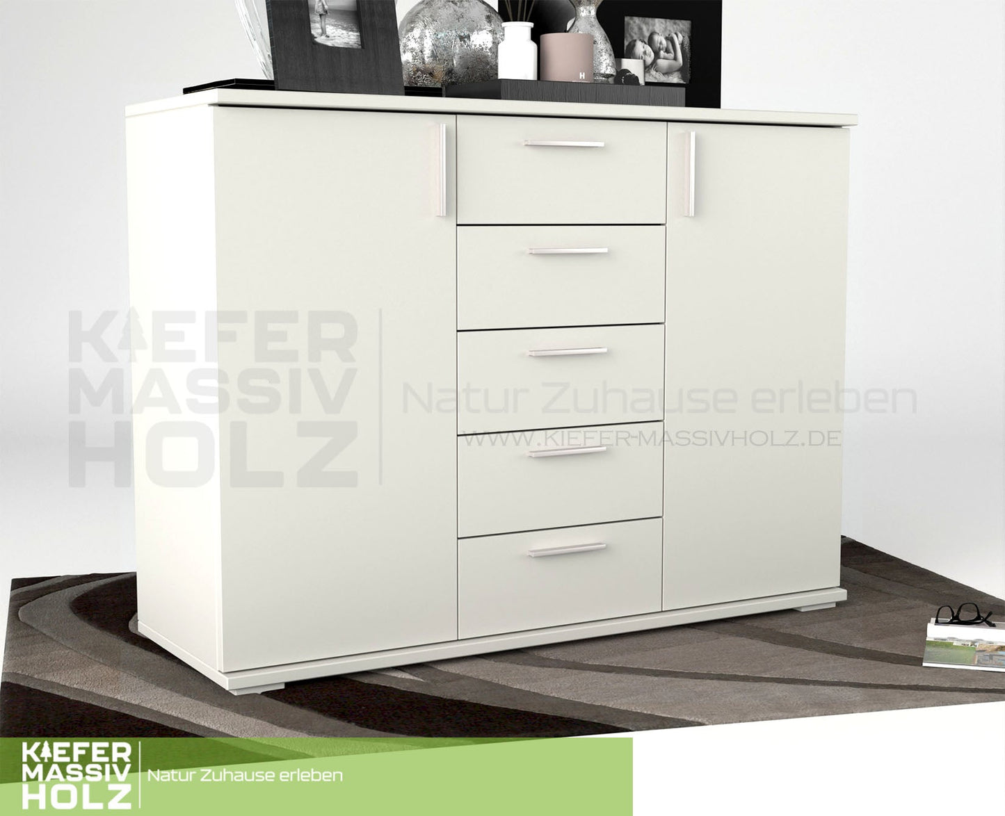 Nobis Kommode Sideboard 120-er | Anrichte | 5-Schubladen | 2-Türig | 100% Bio Kiefer Massivholz