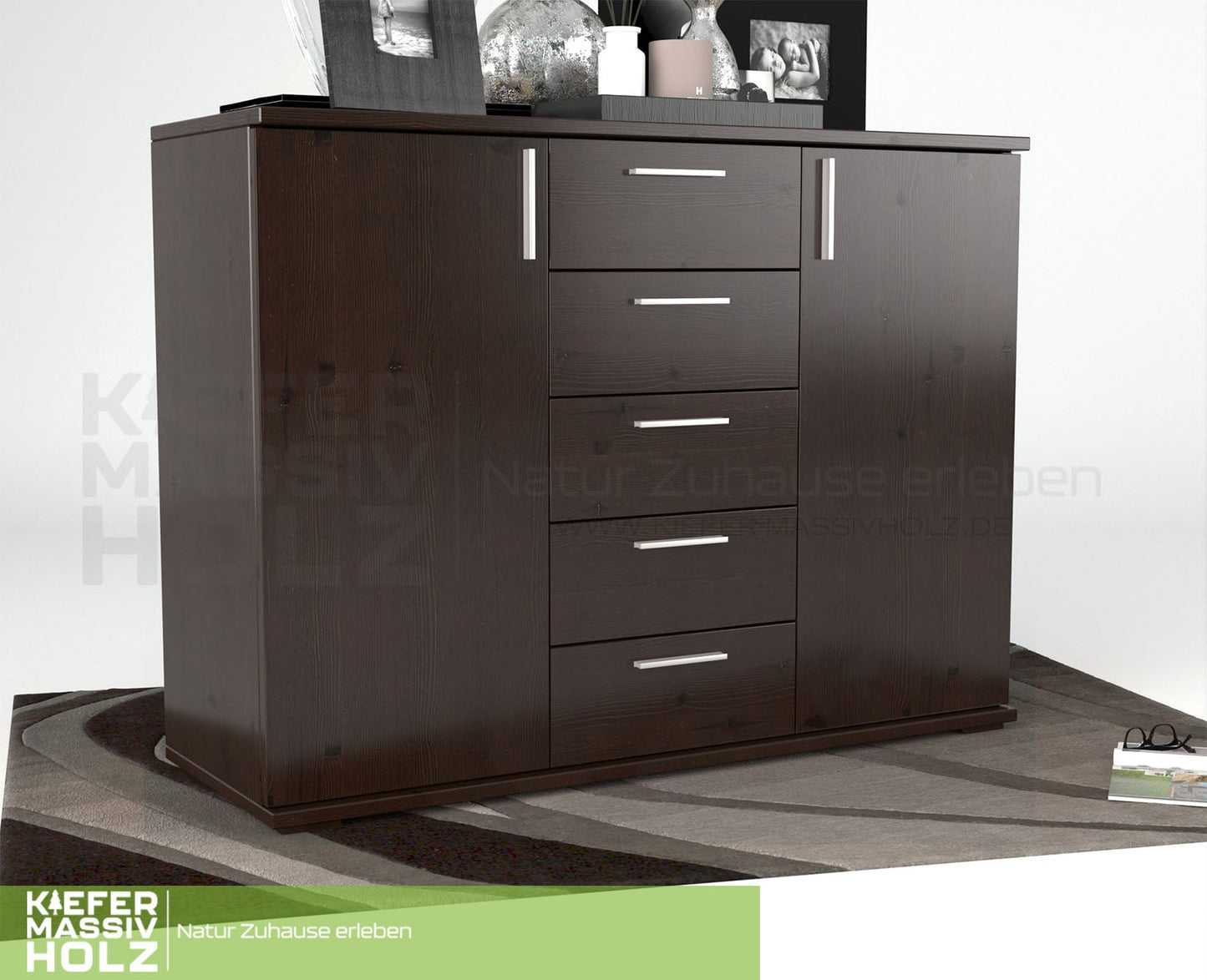 Nobis Kommode Sideboard 120-er | Anrichte | 5-Schubladen | 2-Türig | 100% Bio Kiefer Massivholz