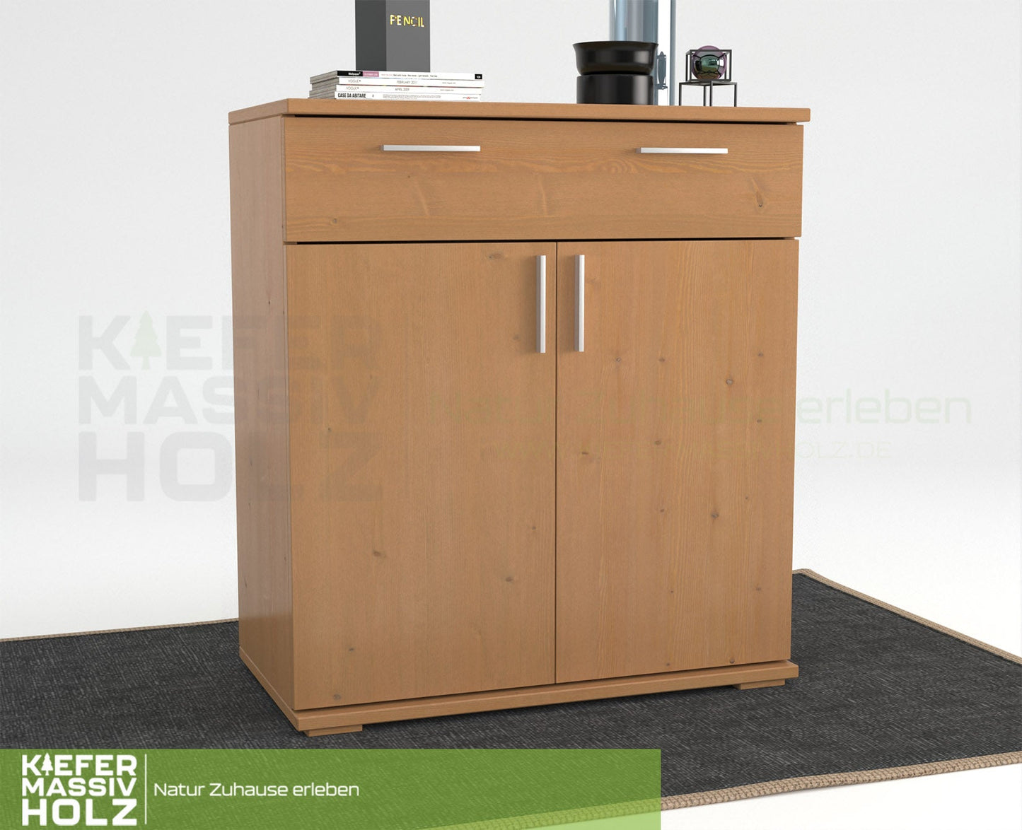 Nobis Kommode Sideboard | 1-Schublade | 2-Türig | 90cm hoch | 100% Bio Kiefer Massivholz