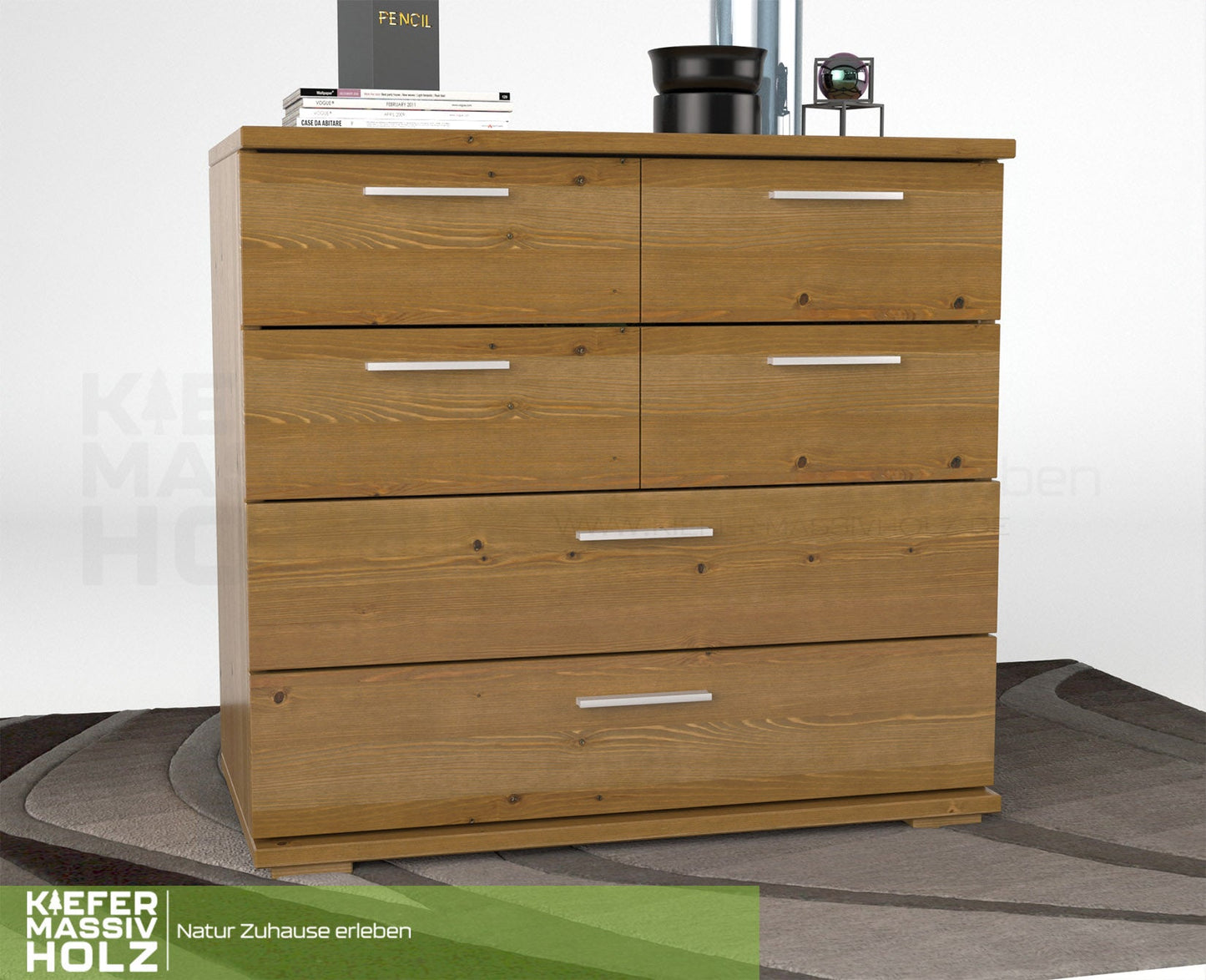 Nobis Kommode Sideboard | Anrichte | 4 kleine und 2 große Schubladen | 100% Bio Kiefer Massivholz