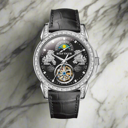 Reef tiger automatic watch rose gold pixiu dial diamond bezel leather strap