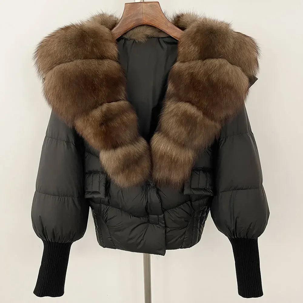 Winter girls jacket with real raccoon fox fur loose fit coat