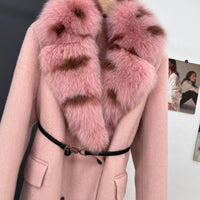 women's luxury wool coat  long patchwork design with detachable fox fur