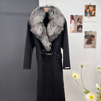 women's luxury wool coat  long patchwork design with detachable fox fur