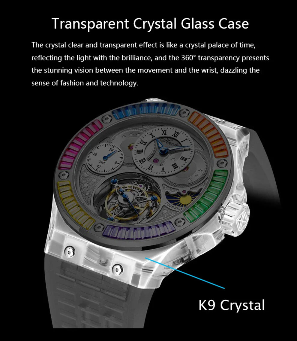 Haofa k9 watermelon crystal watch luxury skeleton tourbillon watch sapphire glass