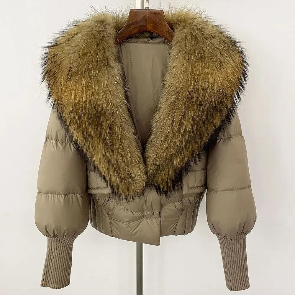 Winter girls jacket with real raccoon fox fur loose fit coat