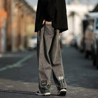 Flower baggy jeans streetwear casual denim wide-leg straight trousers