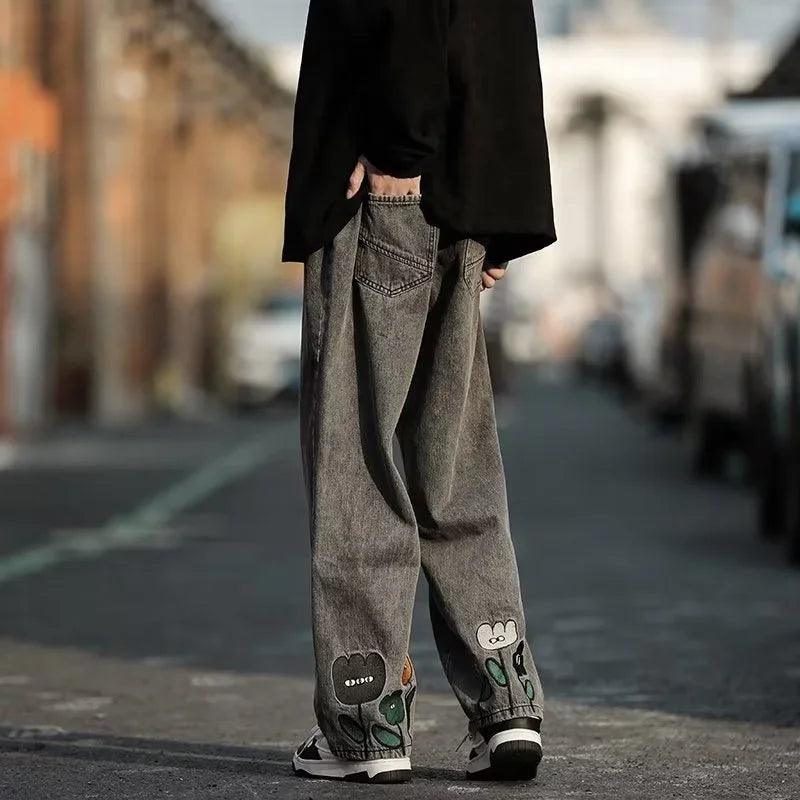 Flower baggy jeans streetwear casual denim wide-leg straight trousers