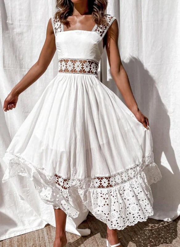 Boho style girl dress white cotton lace sleeveless long summer