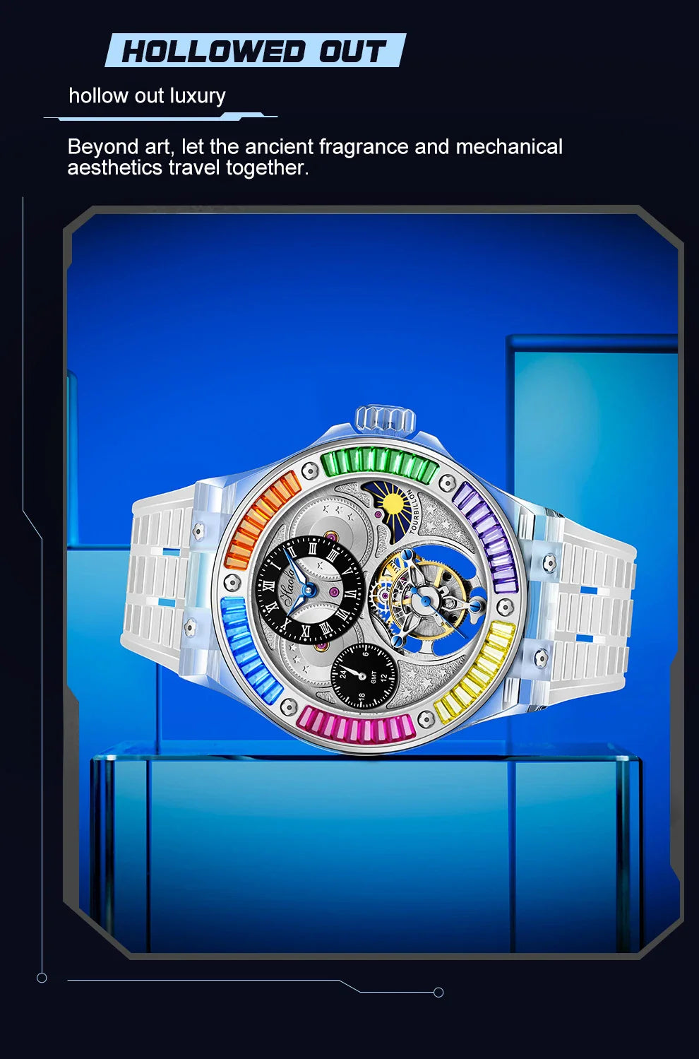 Haofa k9 watermelon crystal watch luxury skeleton tourbillon watch sapphire glass