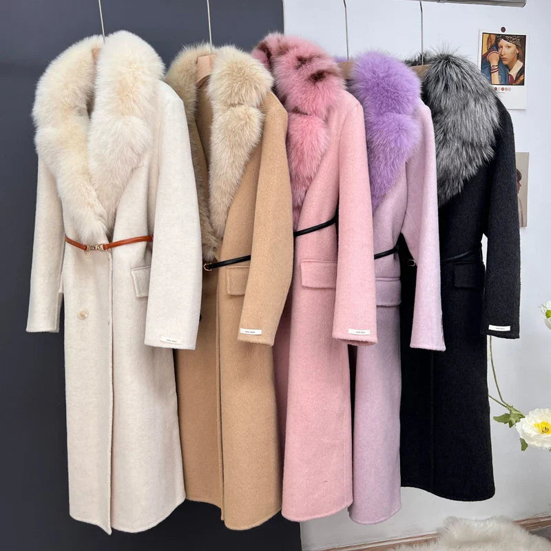women's luxury wool coat  long patchwork design with detachable fox fur