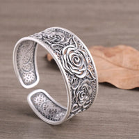 Handcrafted s999 sterling silver rose filigree bangle wide bracelet unique artisan design