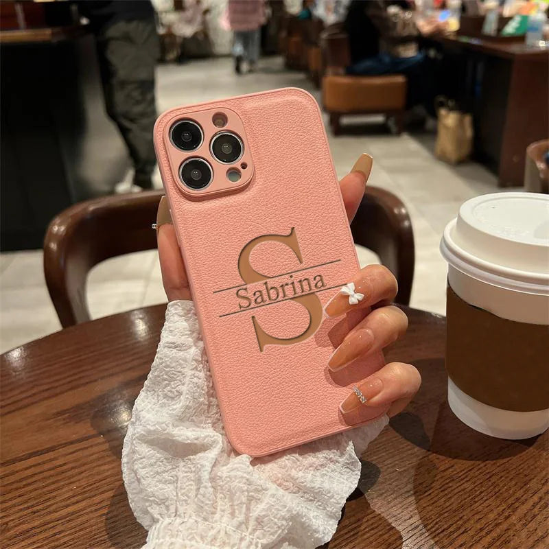 Your name letter case on iPhone case luxury leather cover