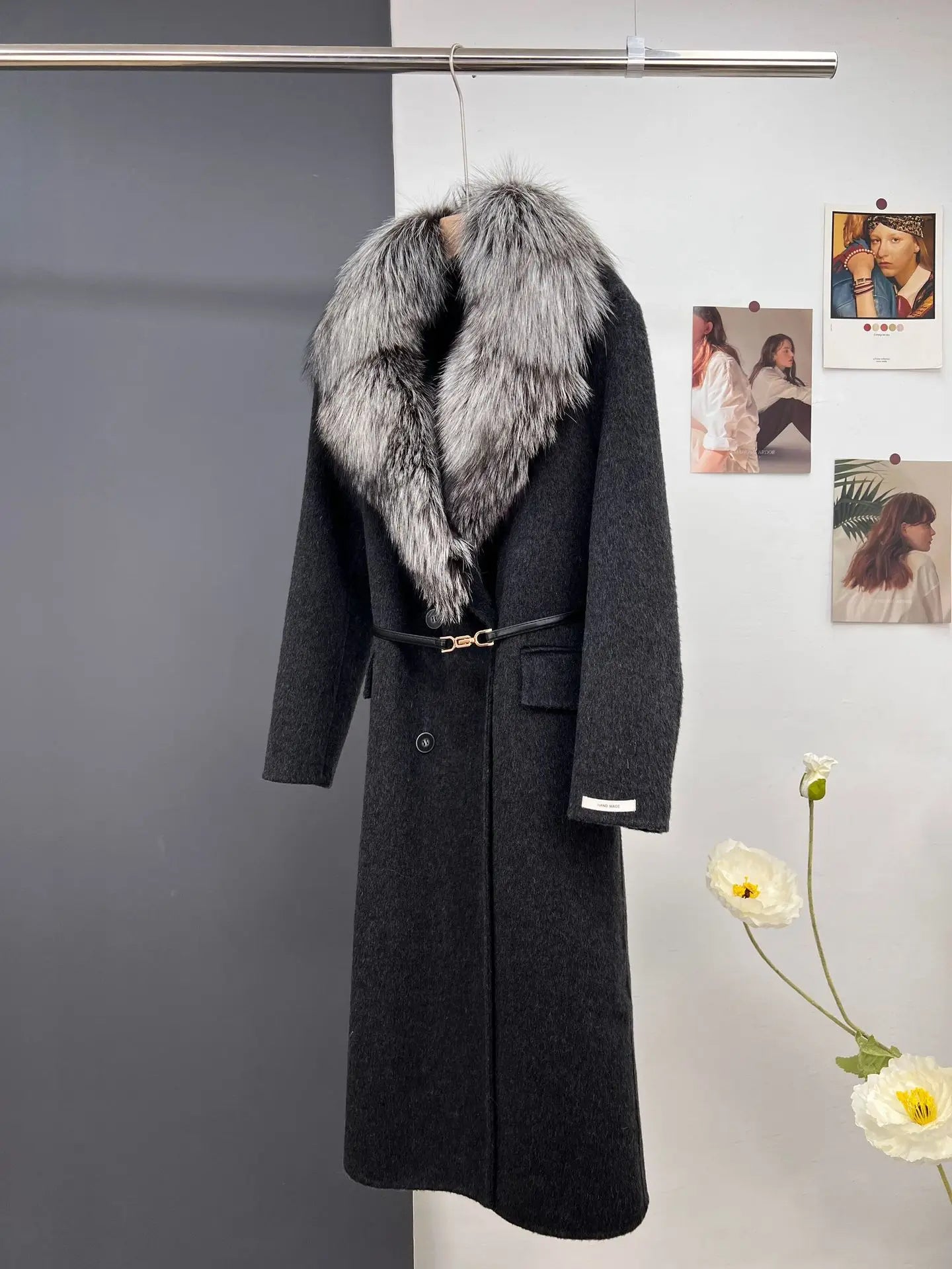 women's luxury wool coat  long patchwork design with detachable fox fur