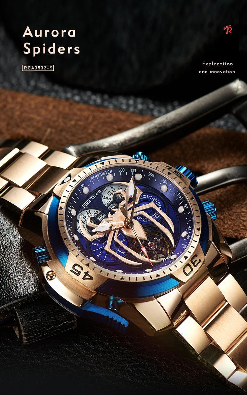 REEF TIGER Sport Automatikuhr – Skelett-Design mit Spider-Zifferblatt