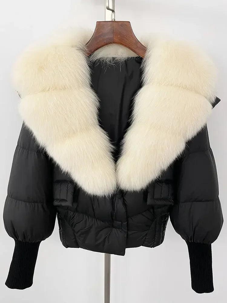 Winter girls jacket with real raccoon fox fur loose fit coat