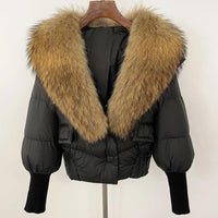 Winter girls jacket with real raccoon fox fur loose fit coat