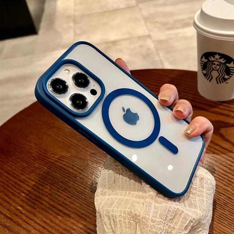 Luxury safe transparent case for iphone,Wireless charge magnetic bumper cover