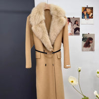 women's luxury wool coat  long patchwork design with detachable fox fur