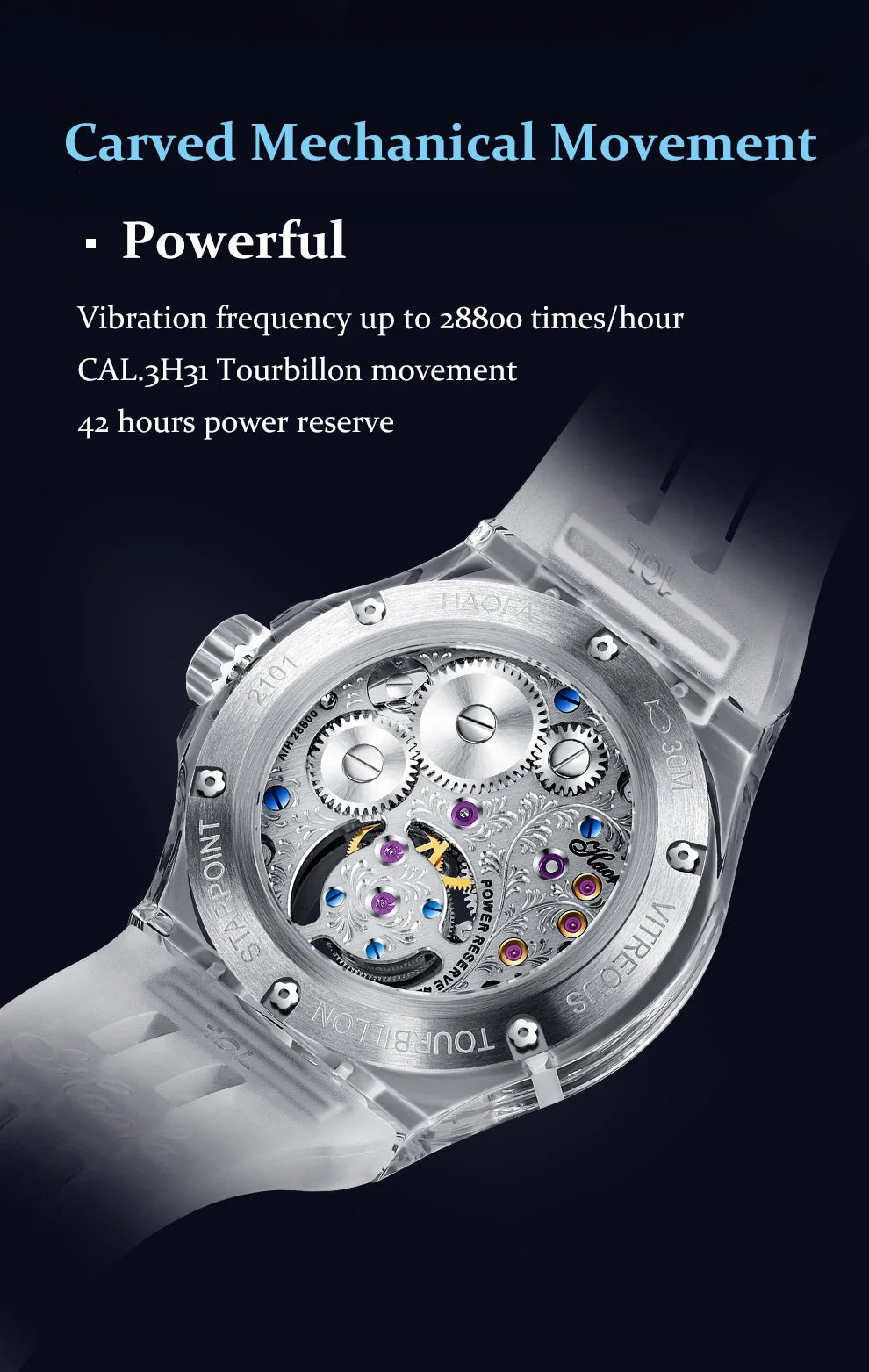 Haofa k9 watermelon crystal watch luxury skeleton tourbillon watch sapphire glass