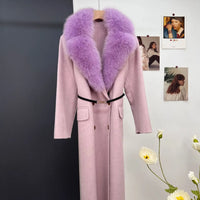 women's luxury wool coat  long patchwork design with detachable fox fur