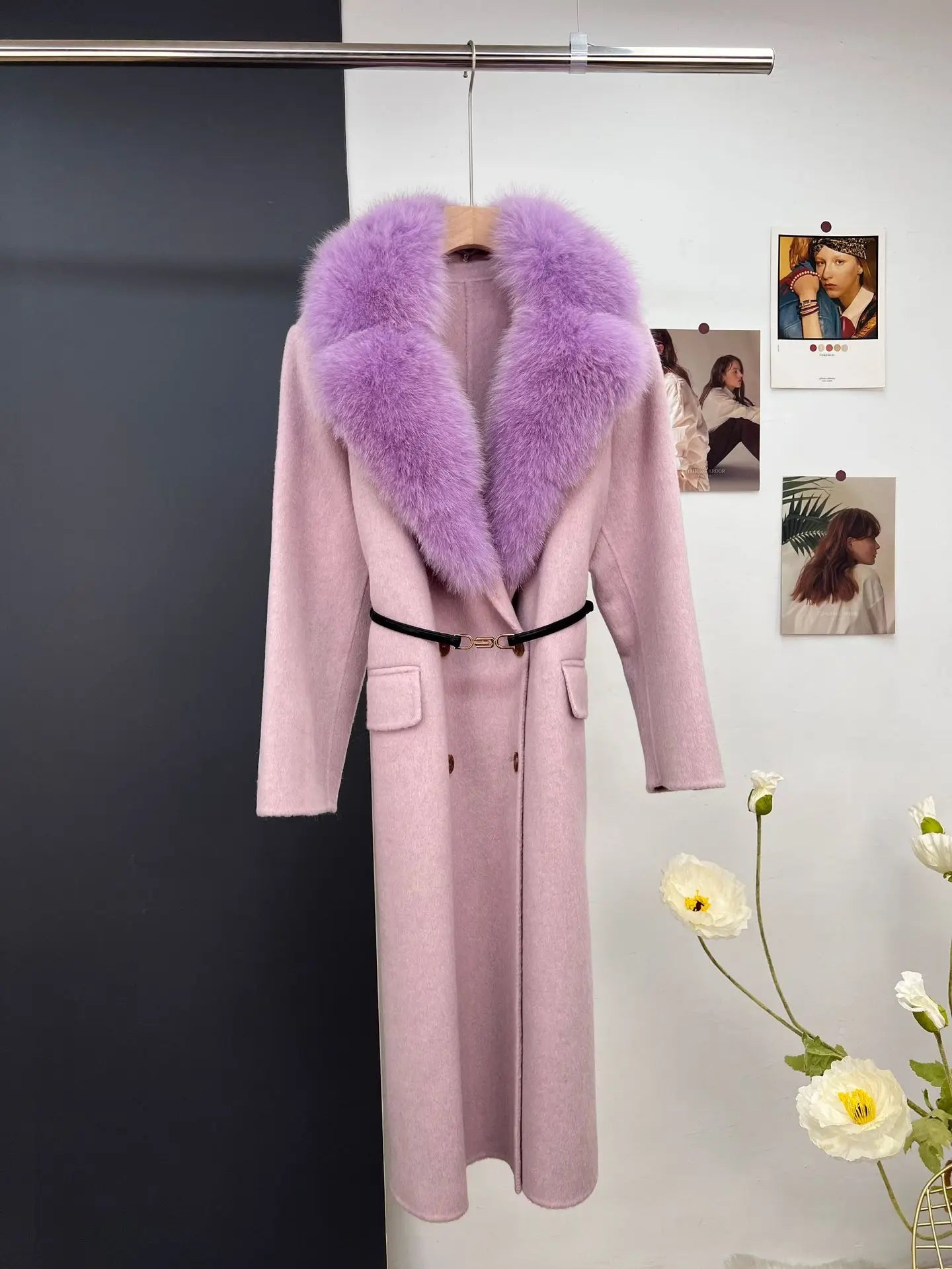 women's luxury wool coat  long patchwork design with detachable fox fur