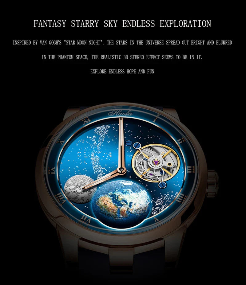 Haofa luxury men watch carrousel sapphire starry dial mechanical wristwatch