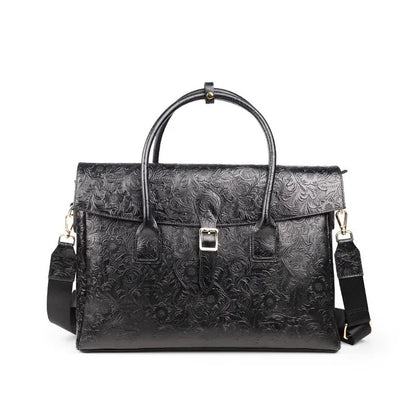 Vintage flower carved leather bag  single shoulder briefcase & business satchel