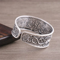 Handcrafted s999 sterling silver rose filigree bangle wide bracelet unique artisan design