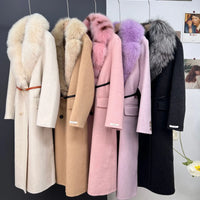 women's luxury wool coat  long patchwork design with detachable fox fur