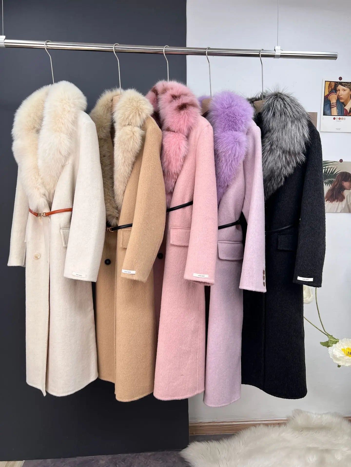 women's luxury wool coat  long patchwork design with detachable fox fur